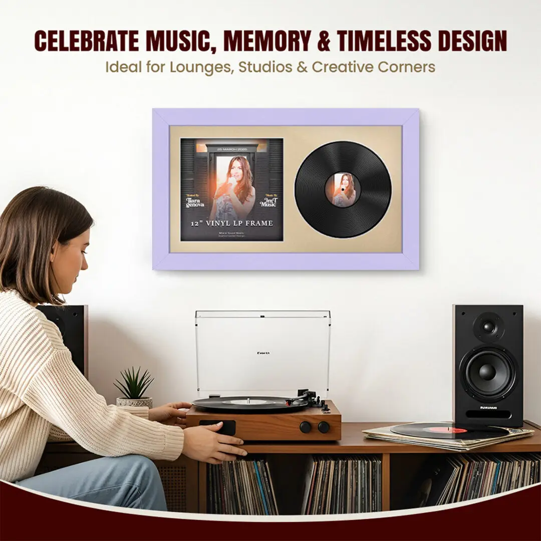 30x17" Modern Purple Vinyl Record Frame With Ivory Mount | Displays 12" LP Cover & Disc Side by Side thumbnail 4