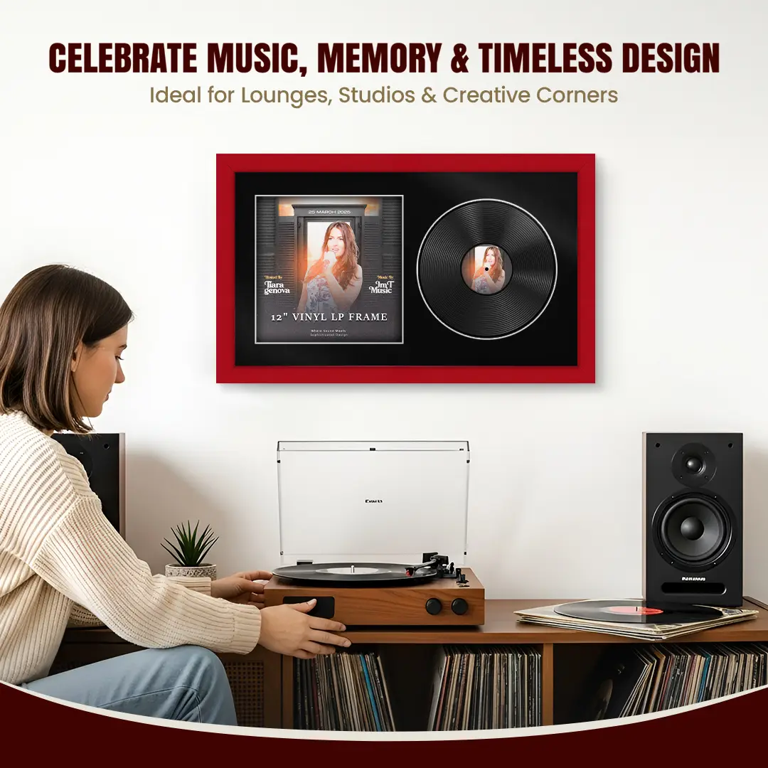 30x17" Modern Red Vinyl Record Frame With Black Mount | Displays 12" LP Cover & Disc Side by Side thumbnail 4