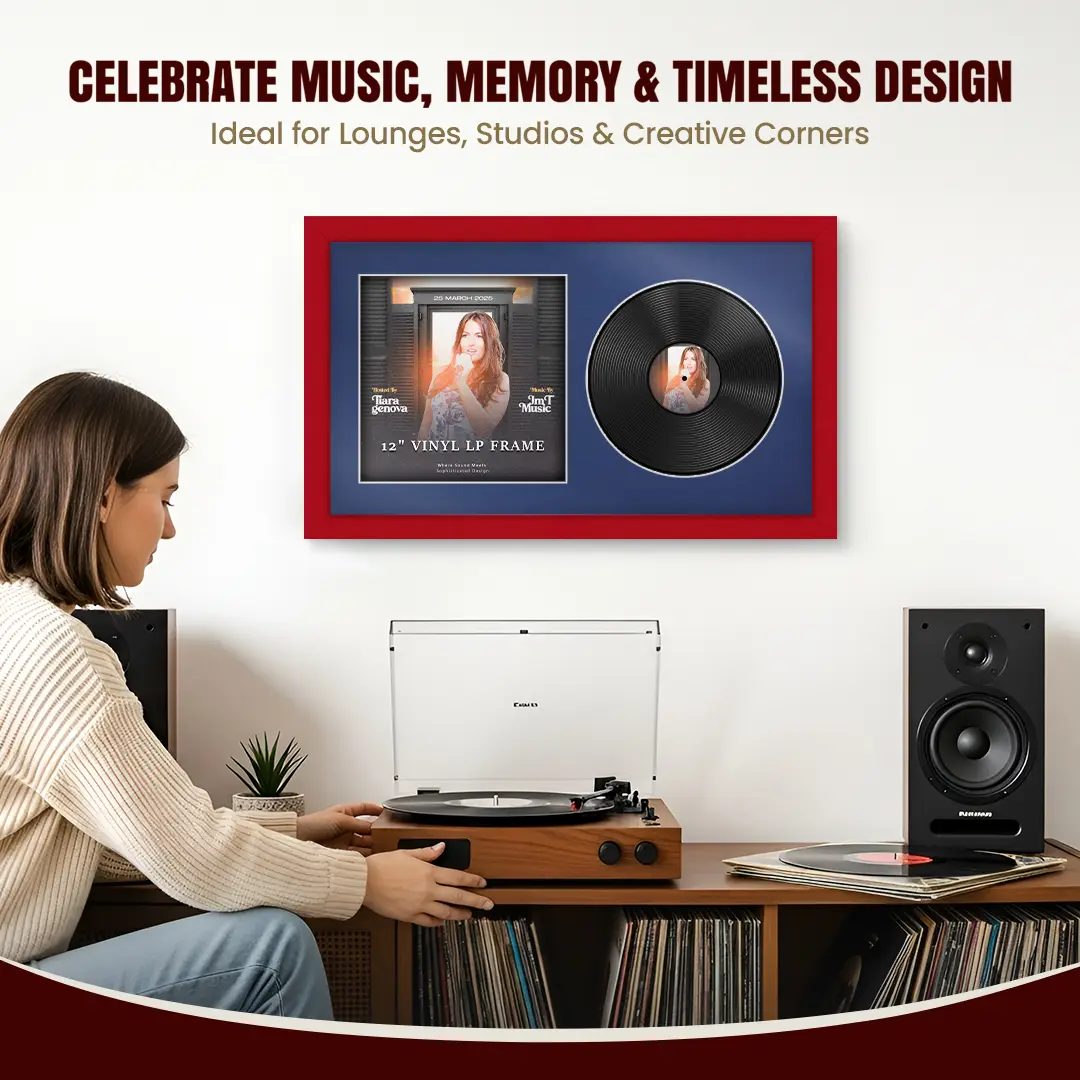 30x17" Modern Red Vinyl Record Frame With Blue Mount | Displays 12" LP Cover & Disc Side by Side thumbnail 4