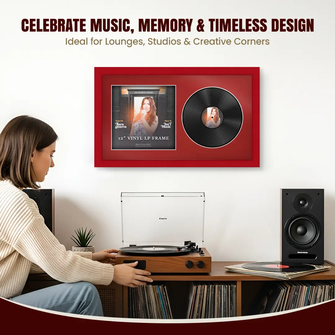 30x17" Modern Red Vinyl Record Frame With Crimson Mount | Side by Side 12" LP Cover & Disc Display thumbnail 4