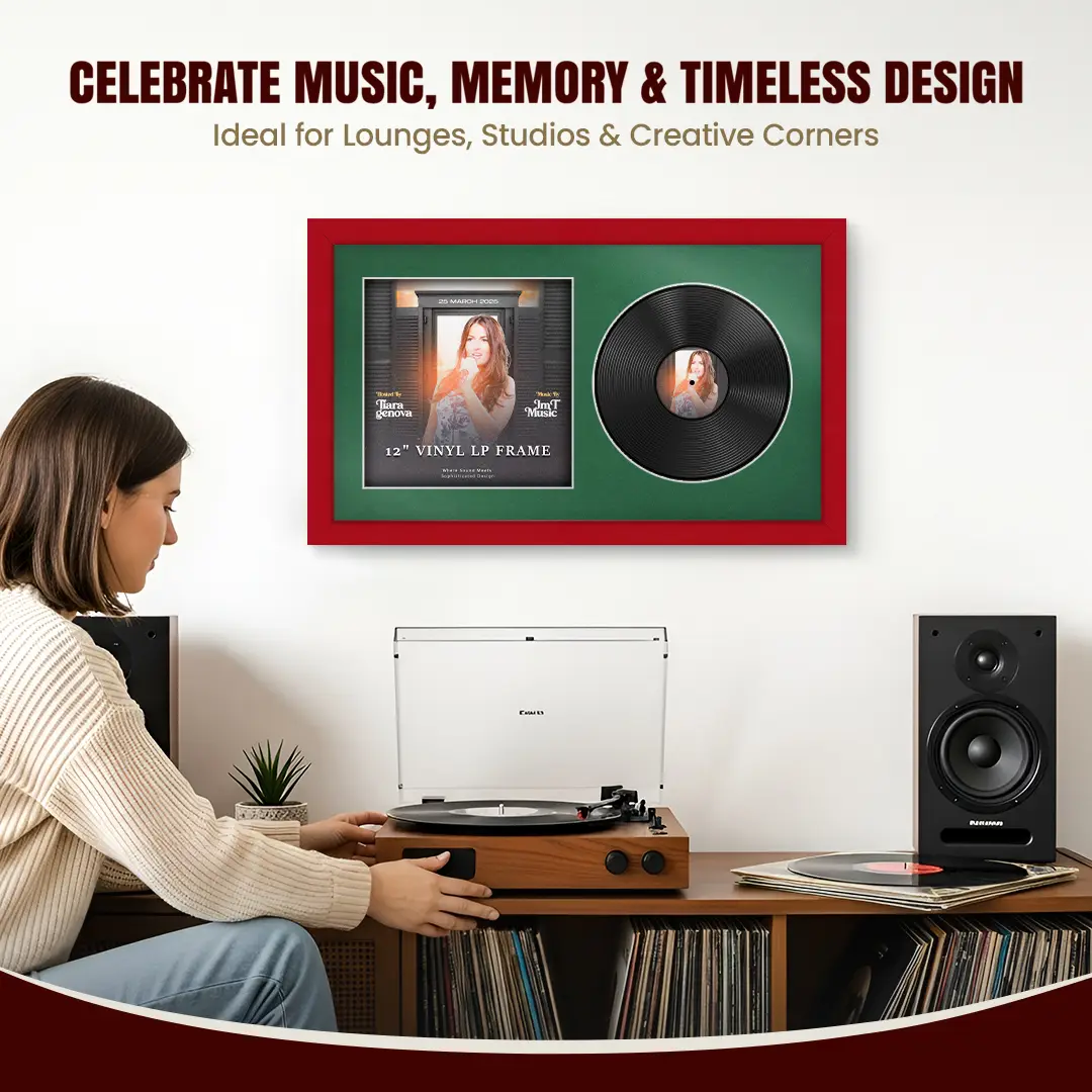 30x17" Modern Red Vinyl Record Frame With Emerald (Green) Mount | Side by Side 12" LP Cover & Disc Display thumbnail 4