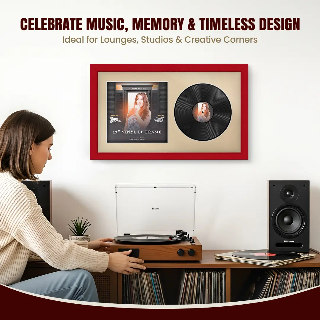 30x17" Modern Red Vinyl Record Frame With Ivory Mount | Side by Side 12" LP Cover & Disc Display thumbnail 4