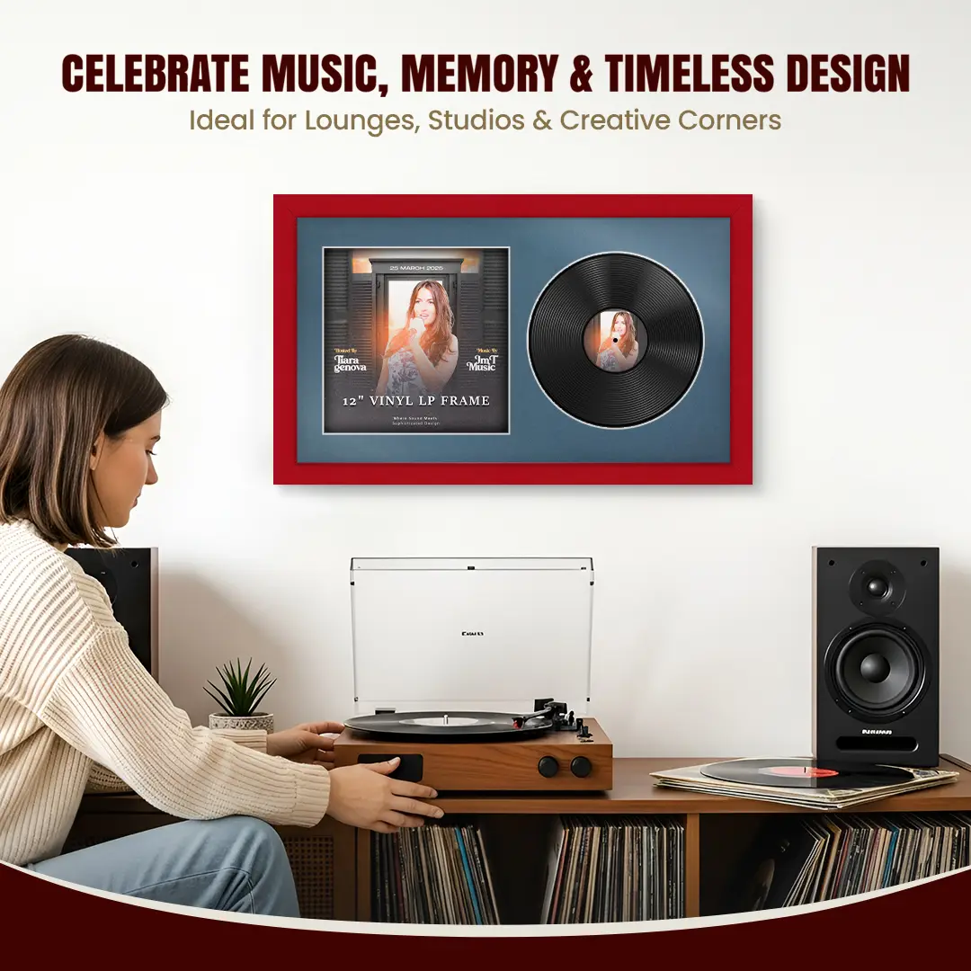 30x17" Modern Red Vinyl Record Frame With Pompador Mount | Displays 12" LP Cover & Disc Side by Side thumbnail 4
