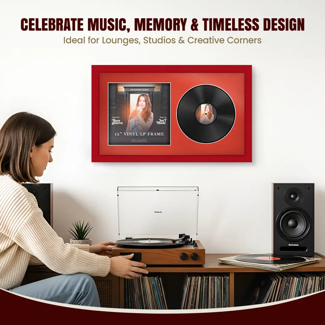 30x17" Modern Red Vinyl Record Frame With Poppy Red Mount | For 12" LP Cover and Disc Side By Side Display thumbnail 4