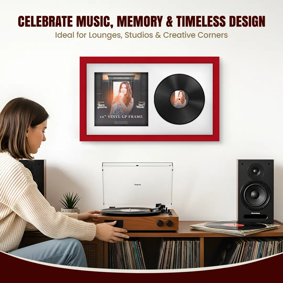 30x17" Modern Red Vinyl Record Frame With Ice White Mount | Side by Side 12" LP Cover & Disc Display thumbnail 4