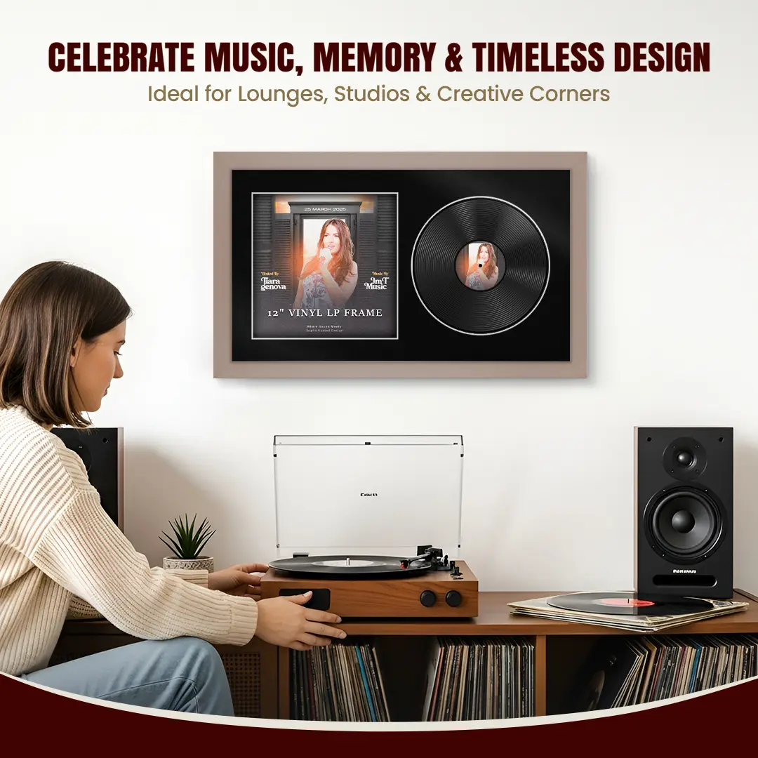 30x17" Modern Rose Gold Vinyl Record Frame With Black Mount | Side by Side 12" LP Cover & Disc Display thumbnail 4