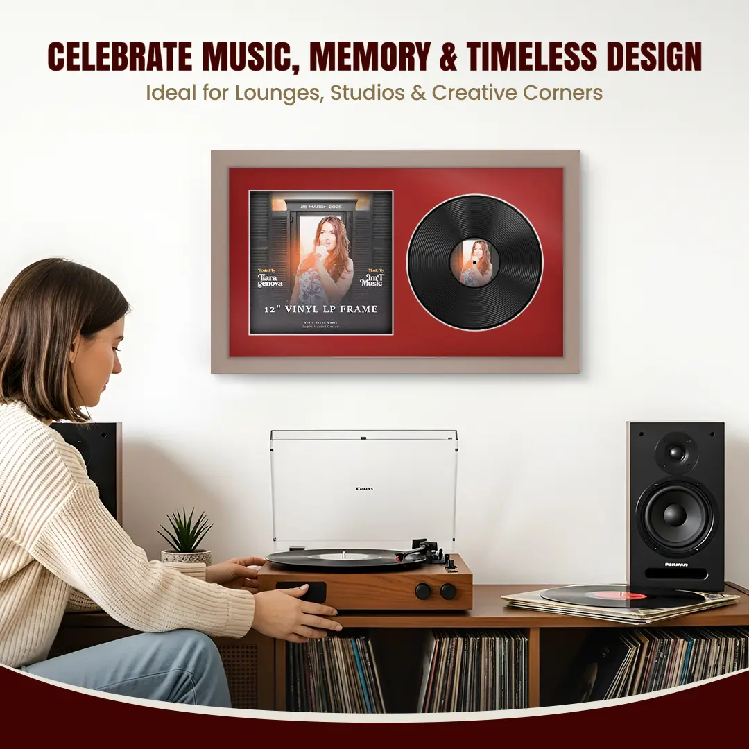 30x17" Modern Rose Gold Vinyl Record Frame With Crimson Mount | Displays 12" LP Cover & Disc Side by Side thumbnail 4