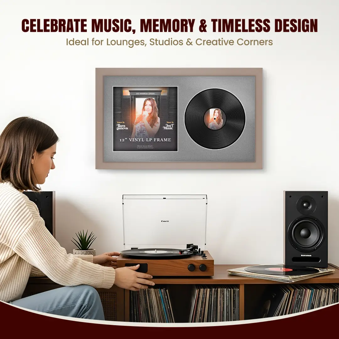 30x17" Modern Rose Gold Vinyl Record Frame With Silver Mount | For 12" LP Cover and Disc Side By Side Display thumbnail 4