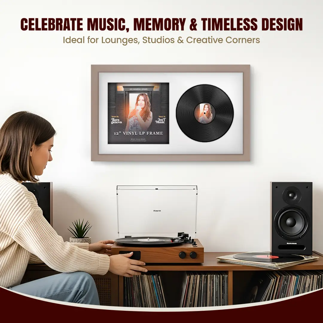 30x17" Modern Rose Gold Vinyl Record Frame With Ice White Mount | For 12" LP Cover and Disc Side By Side Display thumbnail 4