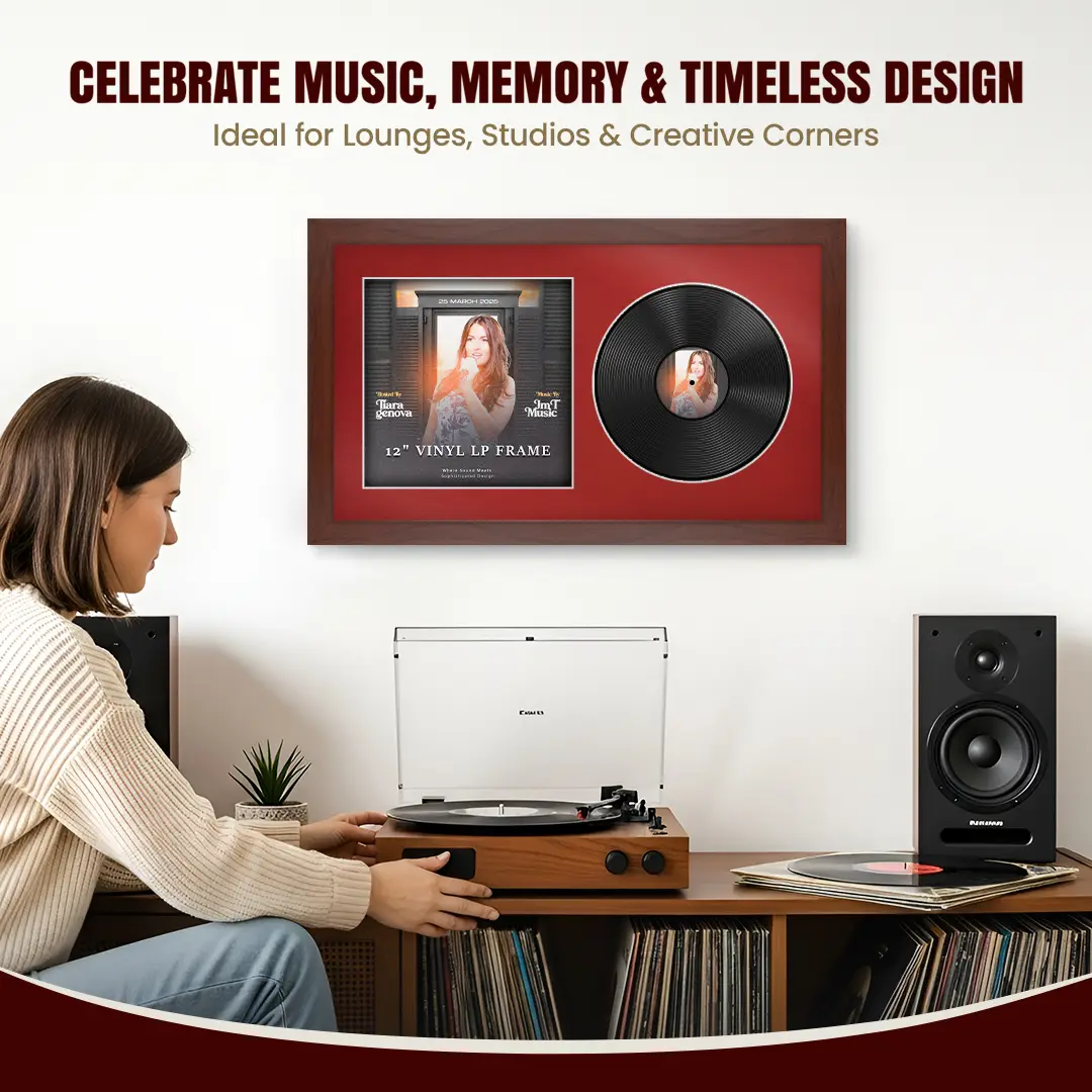 30x17" Modern Rose Wood Vinyl Record Frame With Crimson Mount | Side by Side 12" LP Cover & Disc Display thumbnail 4