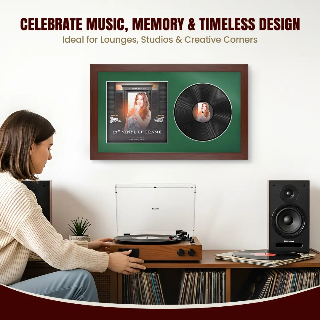 30x17" Modern Rose Wood Vinyl Record Frame With Emerald (Green) Mount | Displays 12" LP Cover & Disc Side by Side thumbnail 4