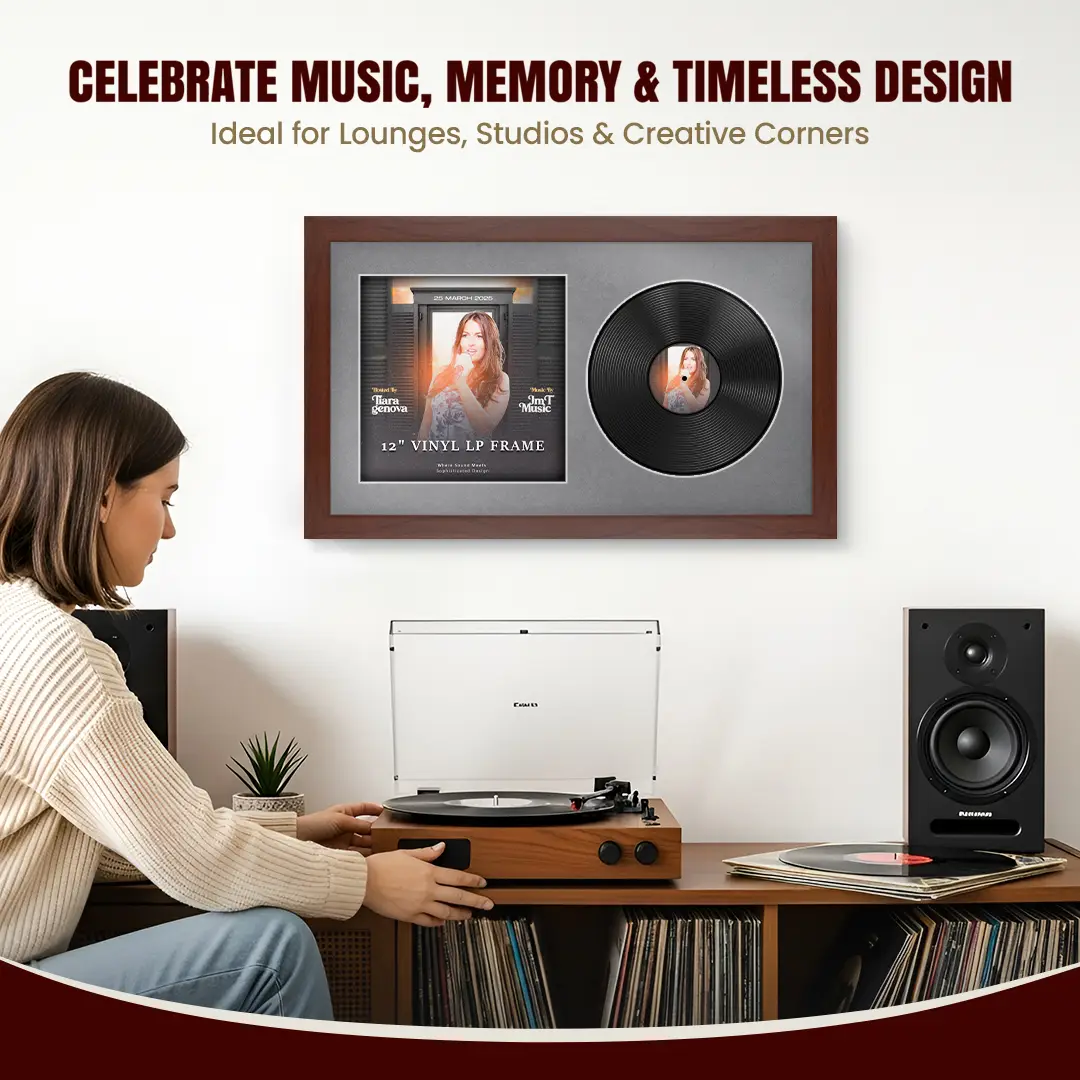30x17" Modern Rose Wood Vinyl Record Frame With Mid Grey Mount | Side by Side 12" LP Cover & Disc Display thumbnail 4