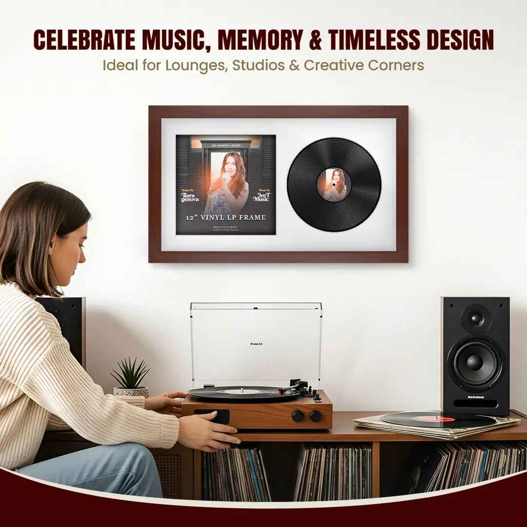 30x17" Modern Rose Wood Vinyl Record Frame With Ice White Mount | For 12" LP Cover and Disc Side By Side Display thumbnail 4