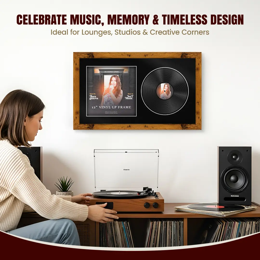 30x17" Modern Rustic Oak Vinyl Record Frame With Black Mount | Displays 12" LP Cover & Disc Side by Side thumbnail 4