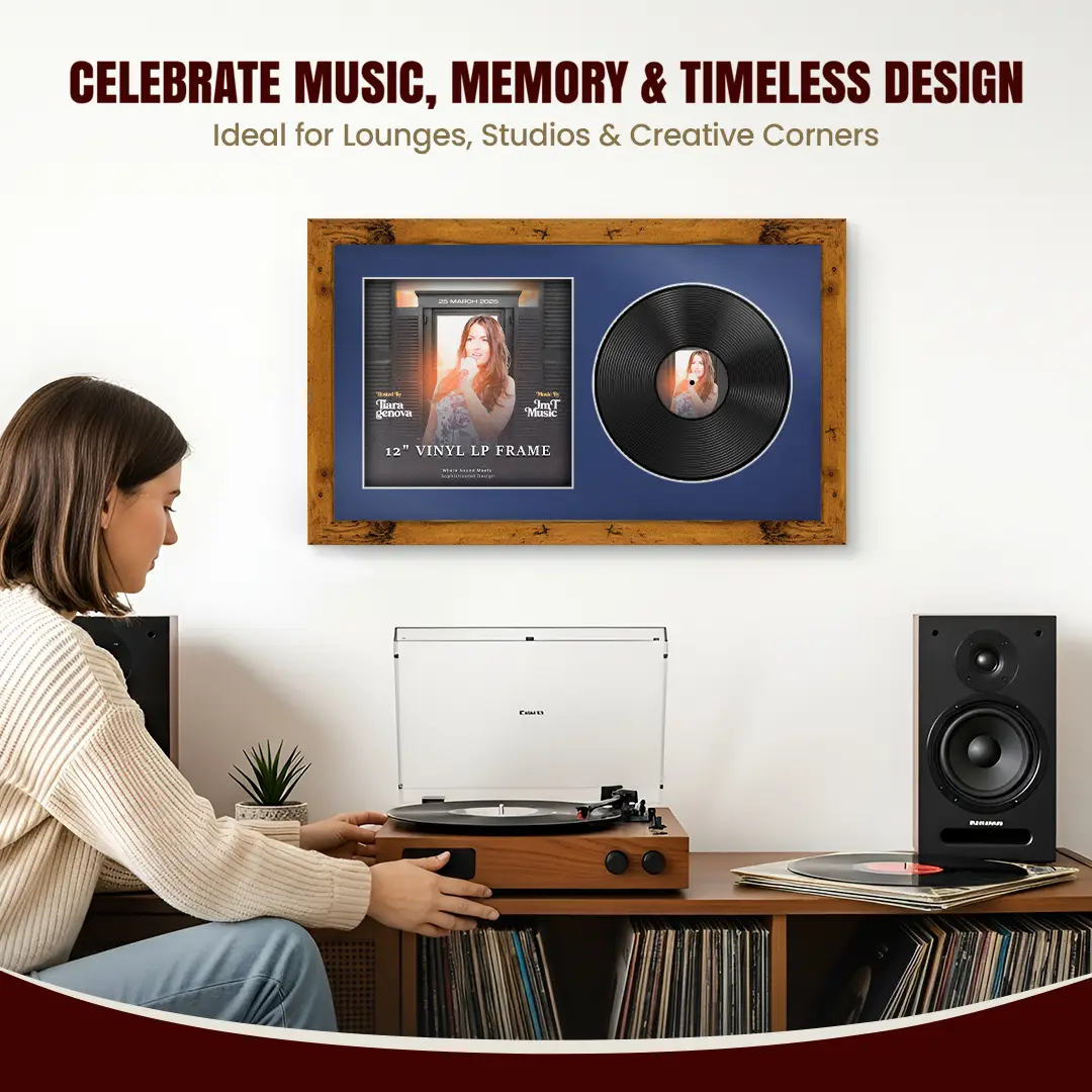 30x17" Modern Rustic Oak Vinyl Record Frame With Blue Mount | Displays 12" LP Cover & Disc Side by Side thumbnail 4