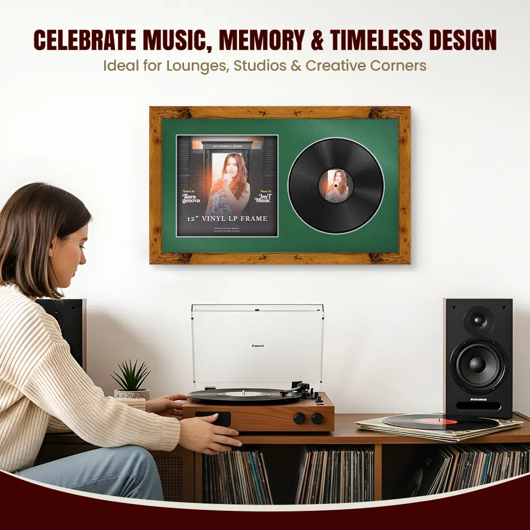 30x17" Modern Rustic Oak Vinyl Record Frame With Emerald (Green) Mount | Displays 12" LP Cover & Disc Side by Side thumbnail 4