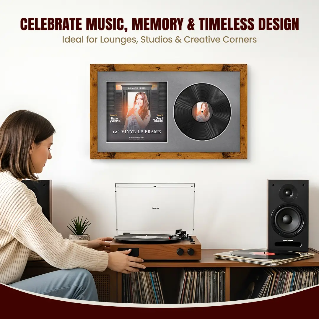30x17" Modern Rustic Oak Vinyl Record Frame With Mid Grey Mount | Side by Side 12" LP Cover & Disc Display thumbnail 4