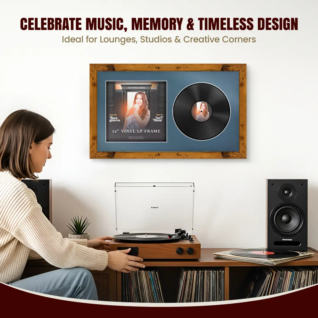30x17" Modern Rustic Oak Vinyl Record Frame With Pompador Mount | For 12" LP Cover and Disc Side By Side Display thumbnail 4