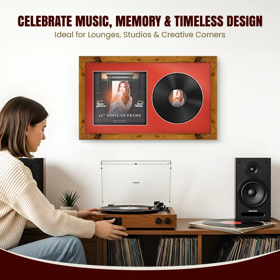 30x17" Modern Rustic Oak Vinyl Record Frame With Poppy Red Mount | For 12" LP Cover and Disc Side By Side Display thumbnail 4