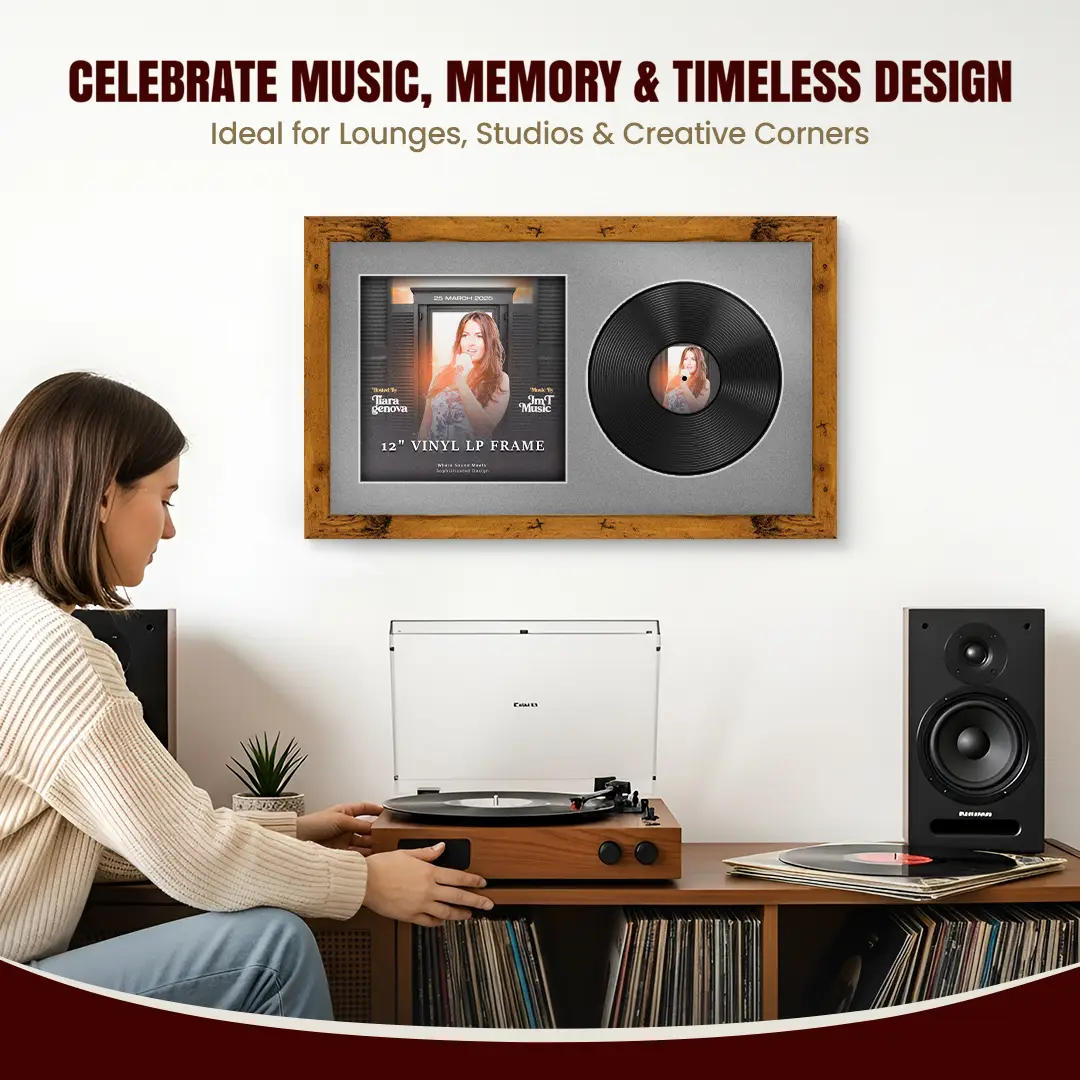 30x17" Modern Rustic Oak Vinyl Record Frame With Silver Mount | For 12" LP Cover and Disc Side By Side Display thumbnail 4