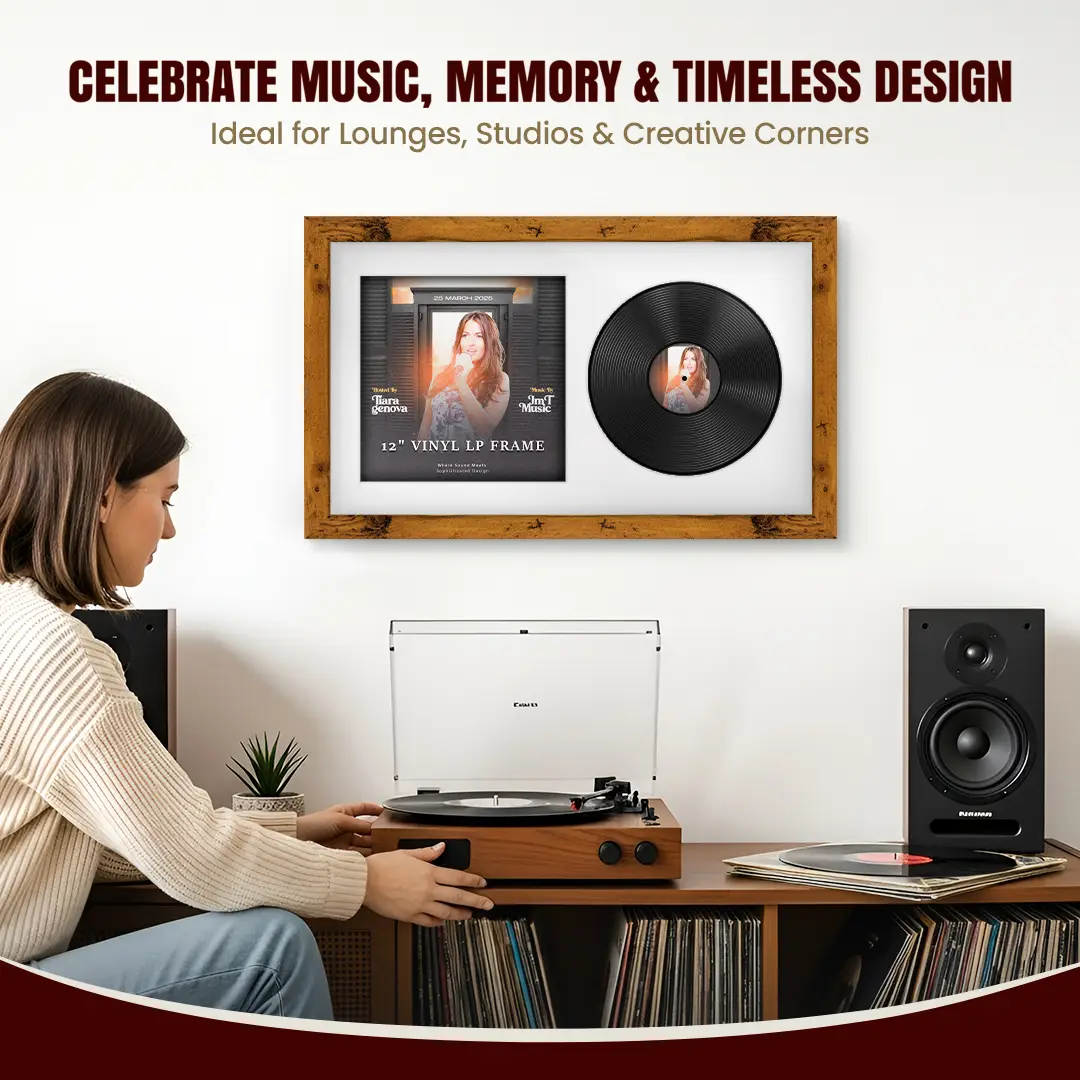 30x17" Modern Rustic Oak Vinyl Record Frame With Ice White Mount | Side by Side 12" LP Cover & Disc Display thumbnail 4