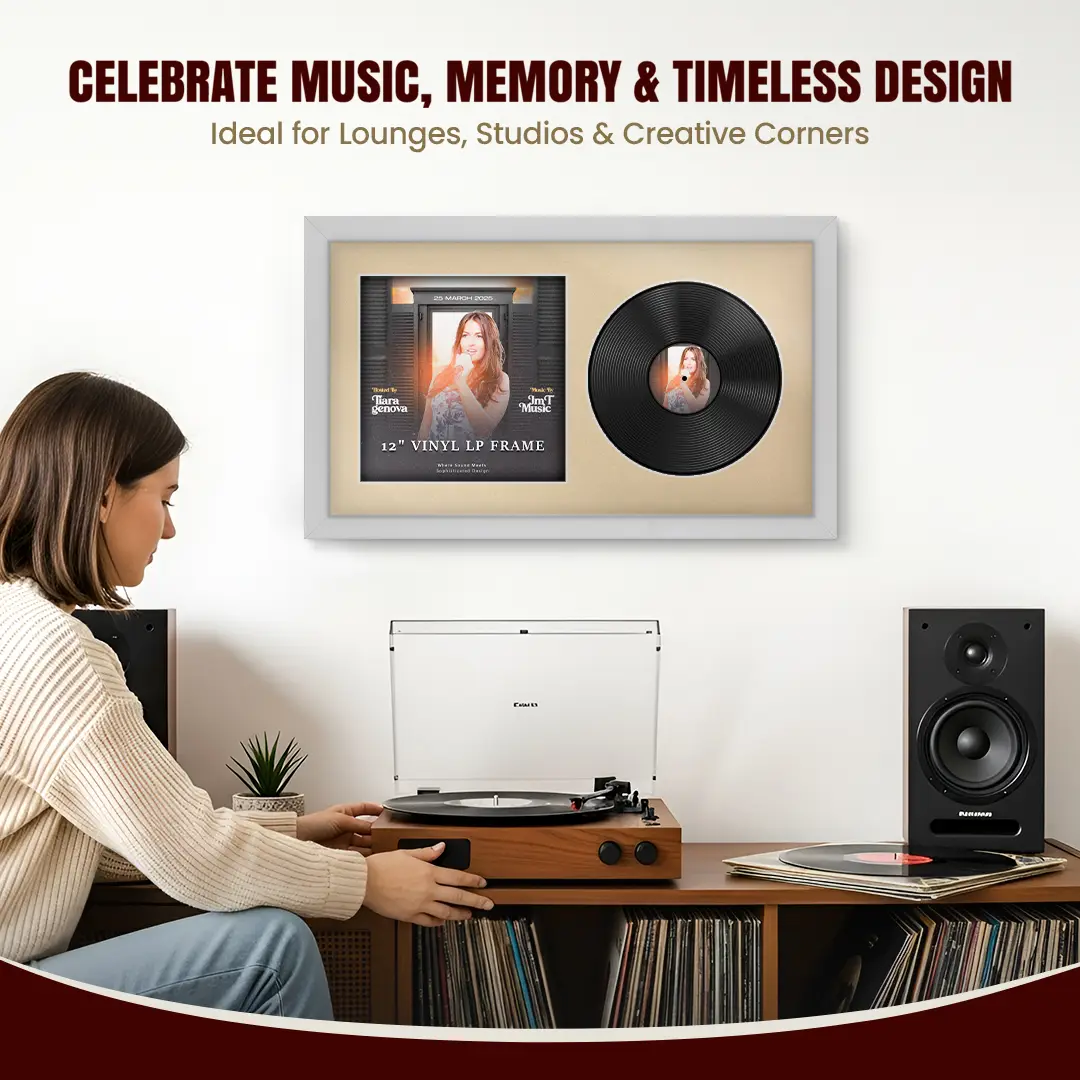 30x17" Modern Silver Vinyl Record Frame With Ivory Mount | Side by Side 12" LP Cover & Disc Display thumbnail 4