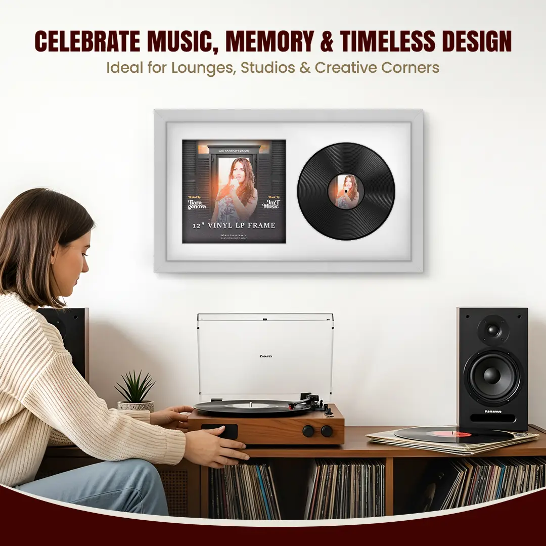 30x17" Modern Silver Vinyl Record Frame With Ice White Mount | Side by Side 12" LP Cover & Disc Display thumbnail 4