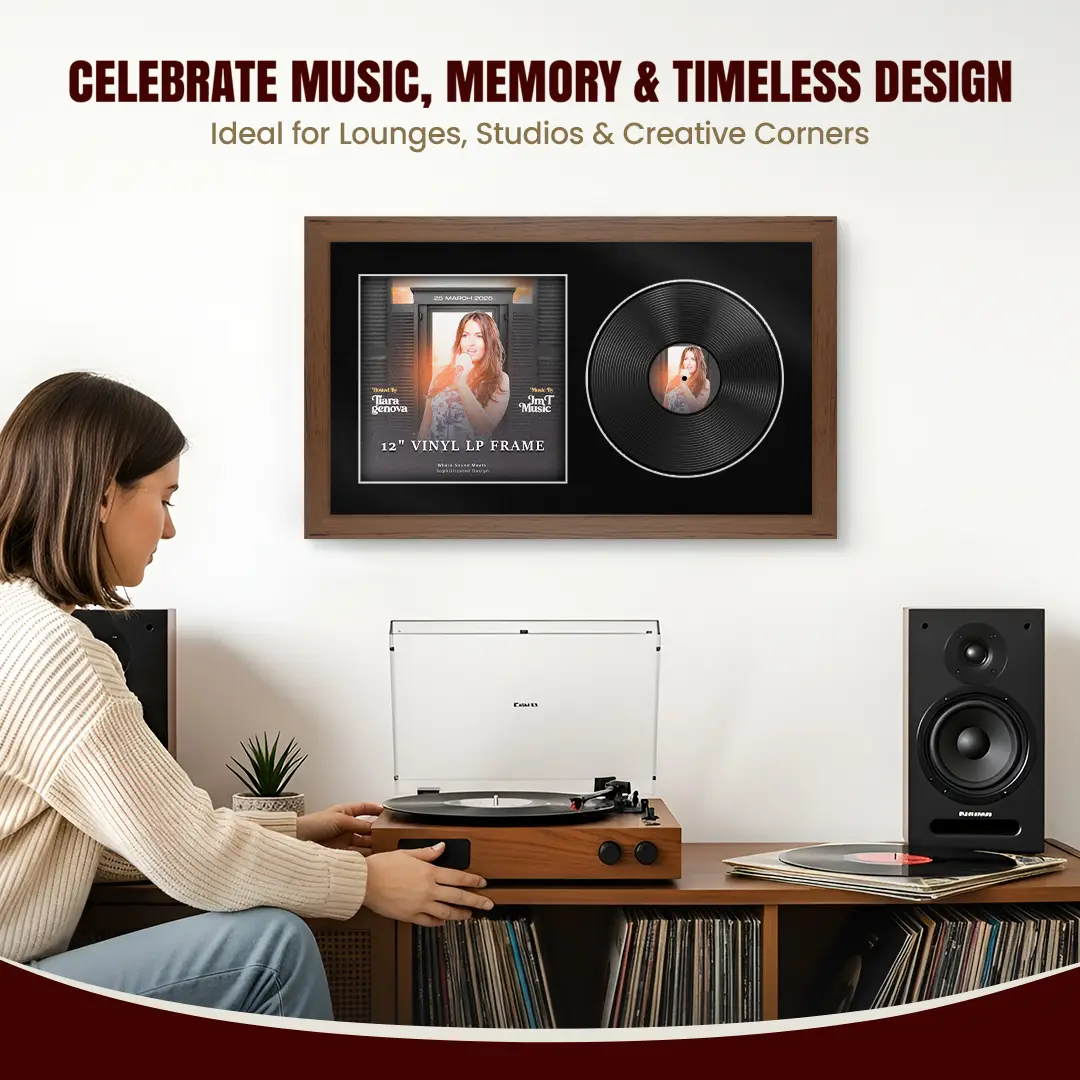 30x17" Modern Walnut Vinyl Record Frame With Black Mount | Side by Side 12" LP Cover & Disc Display thumbnail 4