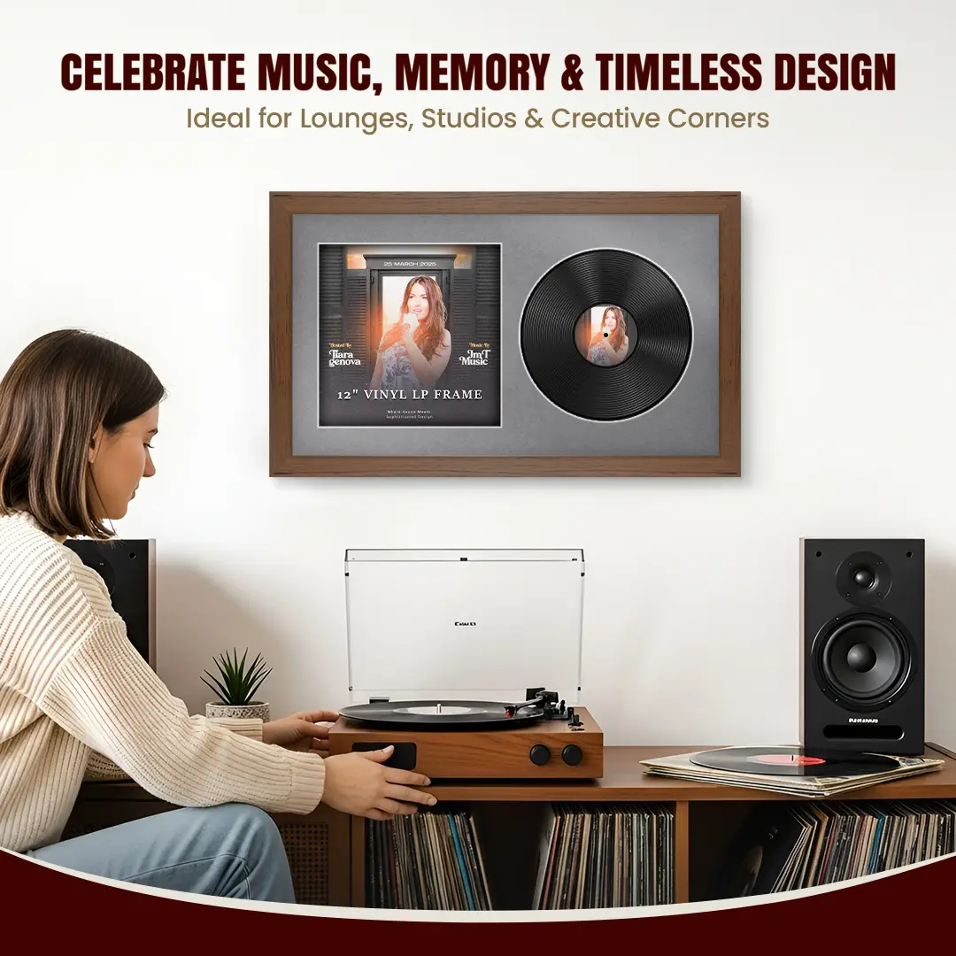 30x17" Modern Walnut Vinyl Record Frame With Mid Grey Mount | Side by Side 12" LP Cover & Disc Display thumbnail 4