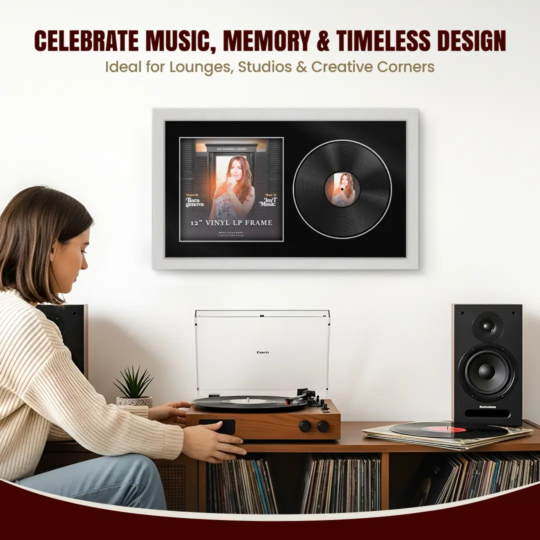 30x17" Modern Ash White Vinyl Record Frame With Black Mount | For 12" LP Cover and Disc Side By Side Display thumbnail 4