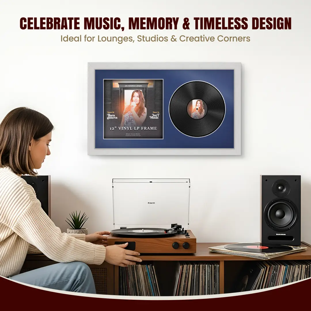 30x17" Modern Ash White Vinyl Record Frame With Blue Mount | Side by Side 12" LP Cover & Disc Display thumbnail 4