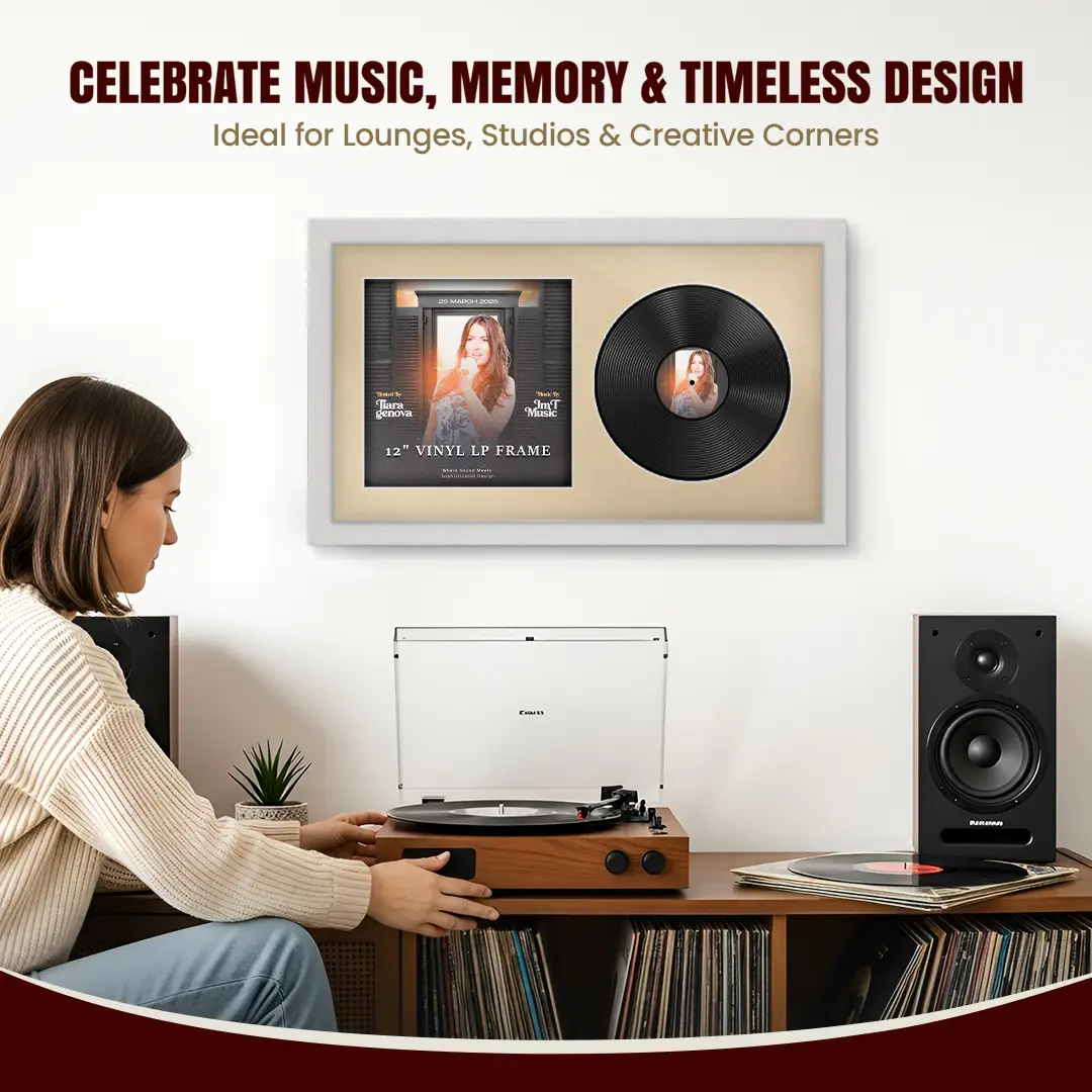 30x17" Modern Ash White Vinyl Record Frame With Ivory Mount | For 12" LP Cover and Disc Side By Side Display thumbnail 4