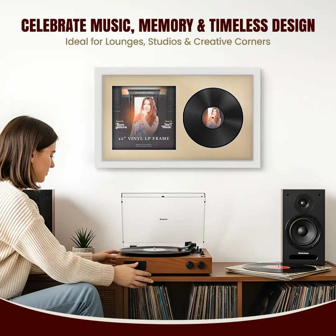 30x17" Modern White Vinyl Record Frame With Ivory Mount | For 12" LP Cover and Disc Side By Side Display thumbnail 4