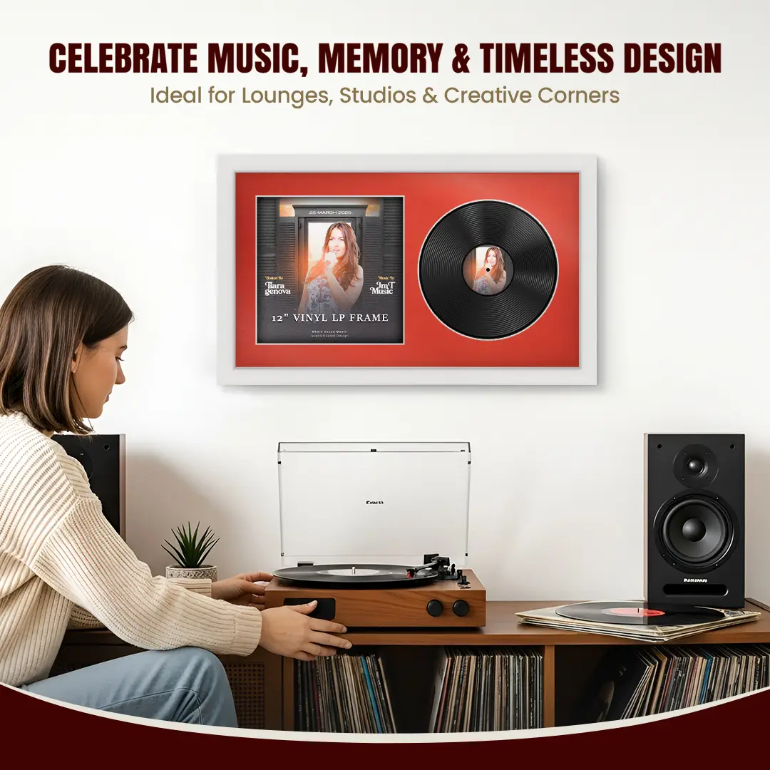 30x17" Modern White Vinyl Record Frame With Poppy Red Mount | For 12" LP Cover and Disc Side By Side Display thumbnail 4