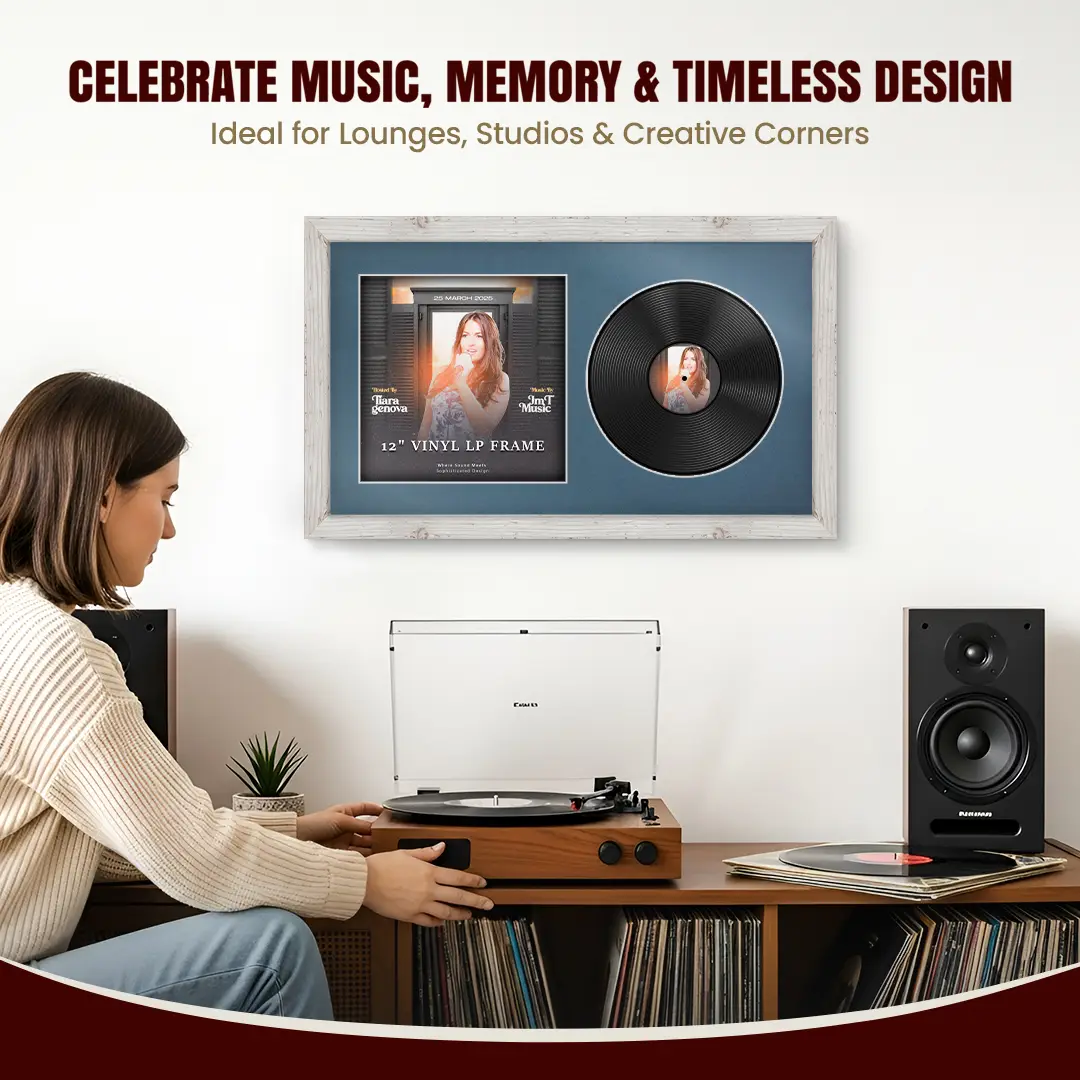 30x17" Modern White Rustic Vinyl Record Frame With Pompador Mount | For 12" LP Cover and Disc Side By Side Display thumbnail 4
