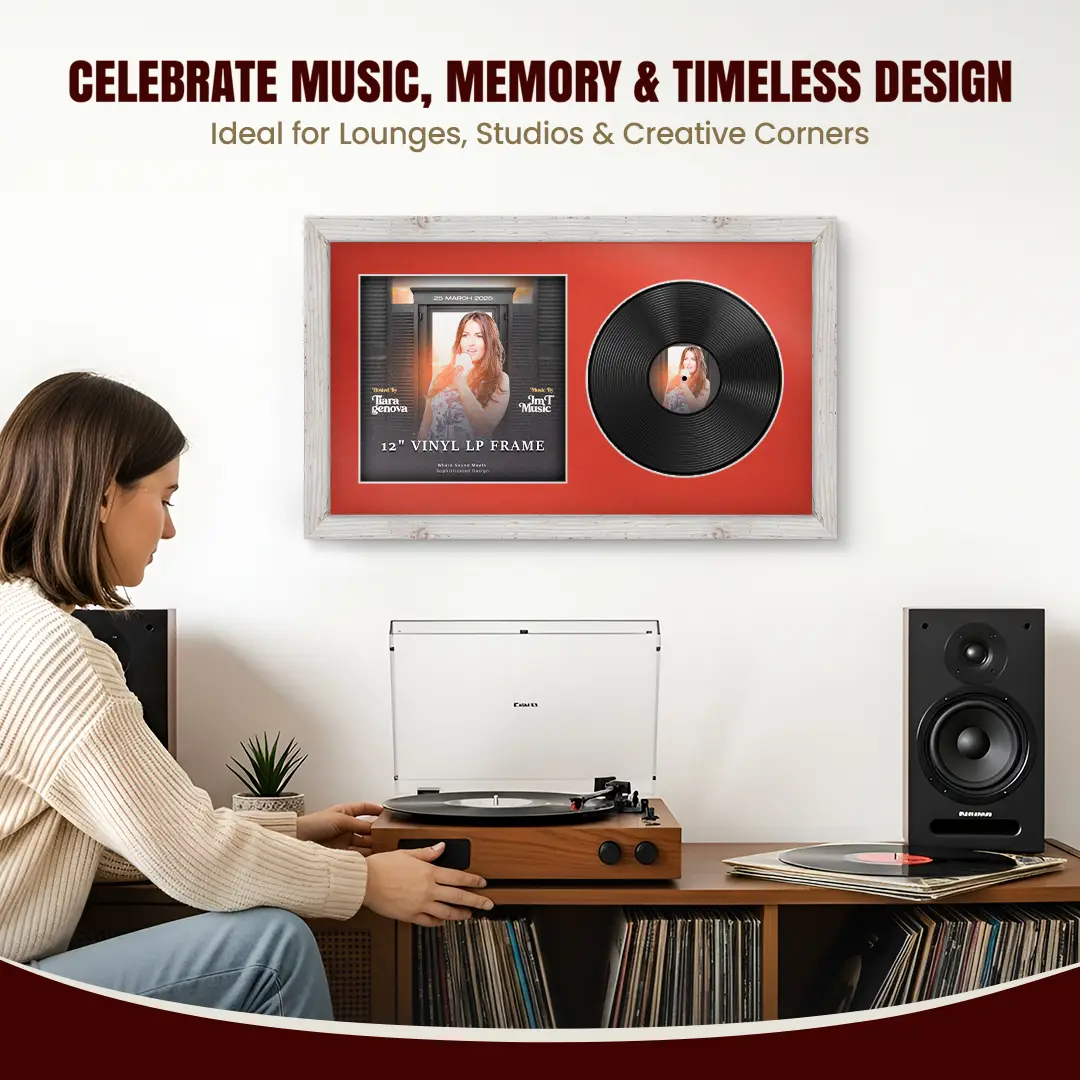 30x17" Modern White Rustic Vinyl Record Frame With Poppy Red Mount | For 12" LP Cover and Disc Side By Side Display thumbnail 4