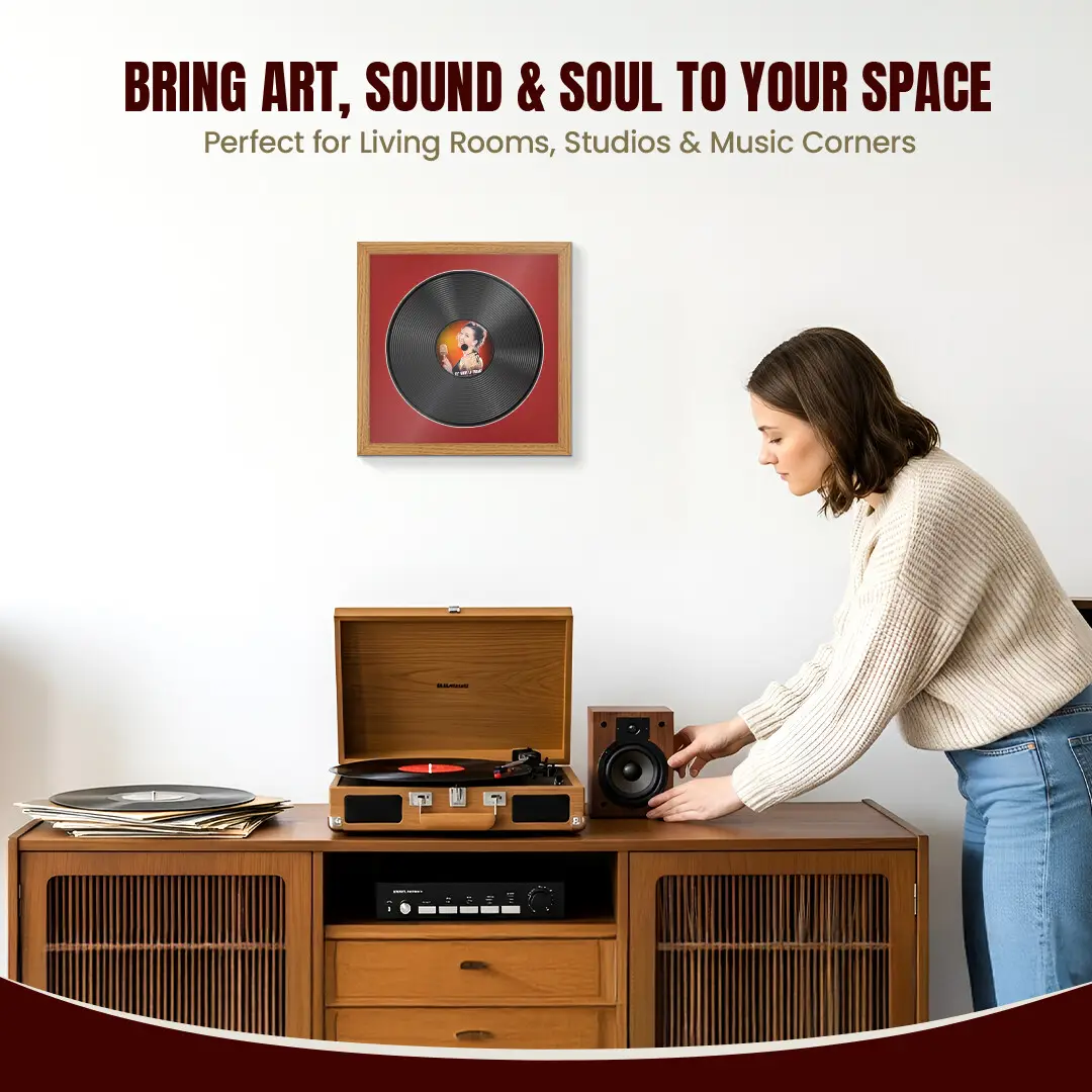 16x16" Modern Oak Vinyl Record Frame With Crimson Mount For 12" LP Discs | Contemporary Wall Display thumbnail 6