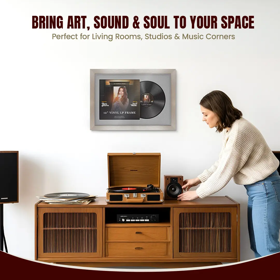 25x17" Modern Aluminium Vinyl Record Frame For 12 Inch LP Cover & Disc (Overlapped) With Silver Mount | Elegant Music Display thumbnail 6