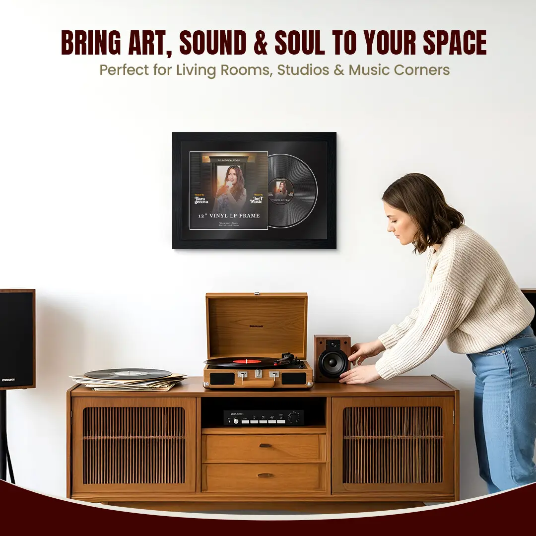 25x17" Modern Black Vinyl Record Frame For LP Cover & Disc With Black Mount | Overlapped Display thumbnail 6