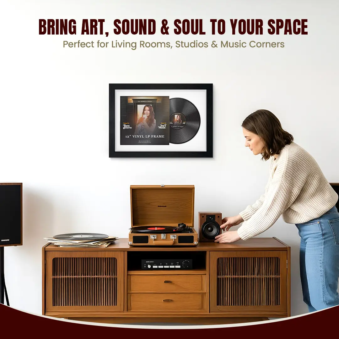 25x17" Modern Black Vinyl Record Frame For 12 Inch LP Cover & Disc (Overlapped) With Ice White Mount | Elegant Music Display thumbnail 6