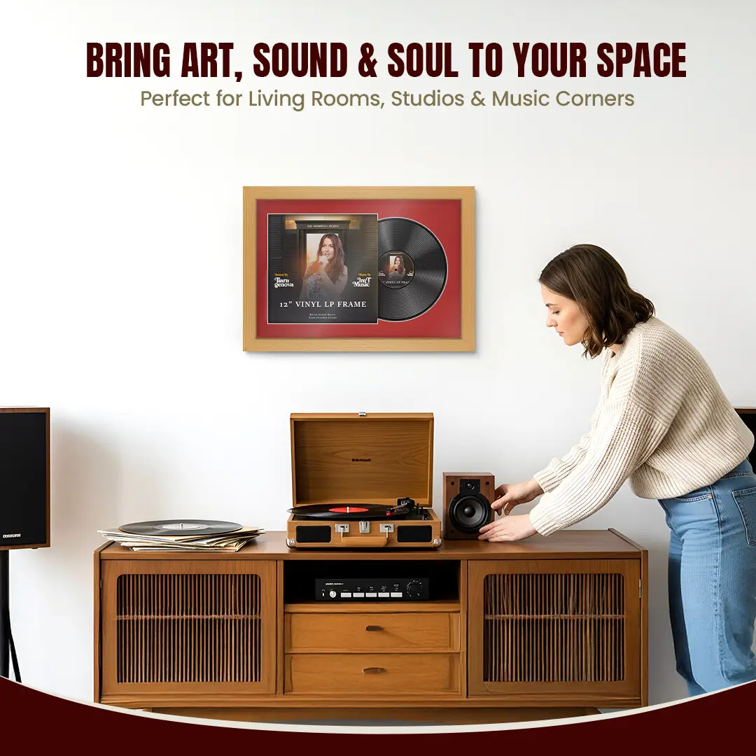 25x17" Modern Country Pine Vinyl Record Frame For 12 Inch LP Cover & Disc With Crimson Mount | Overlapped Vinyl Display thumbnail 6