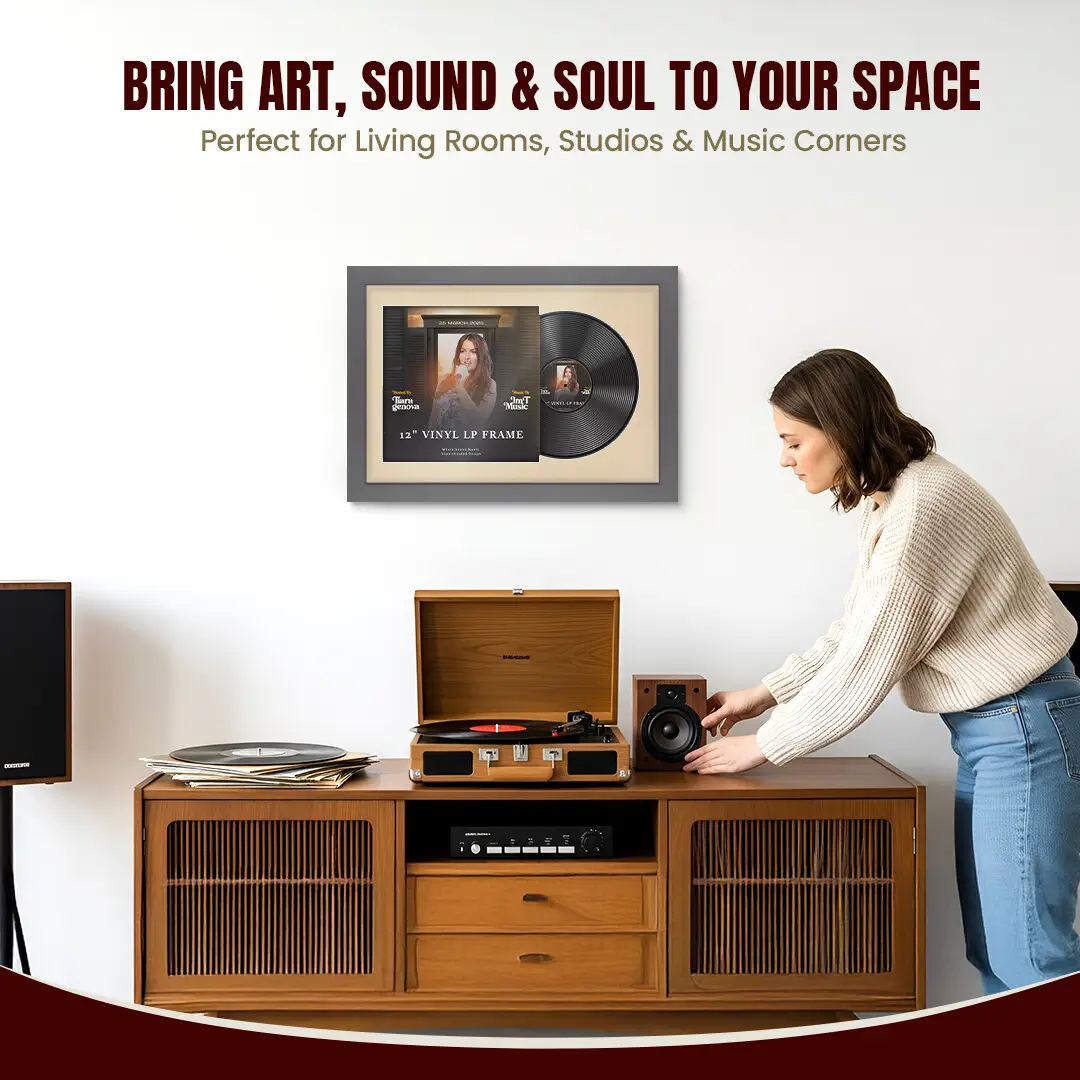 25x17" Modern Dark Grey Vinyl Record Frame For 12 Inch LP Cover & Disc (Overlapped) With Ivory Mount | Elegant Music Display thumbnail 6