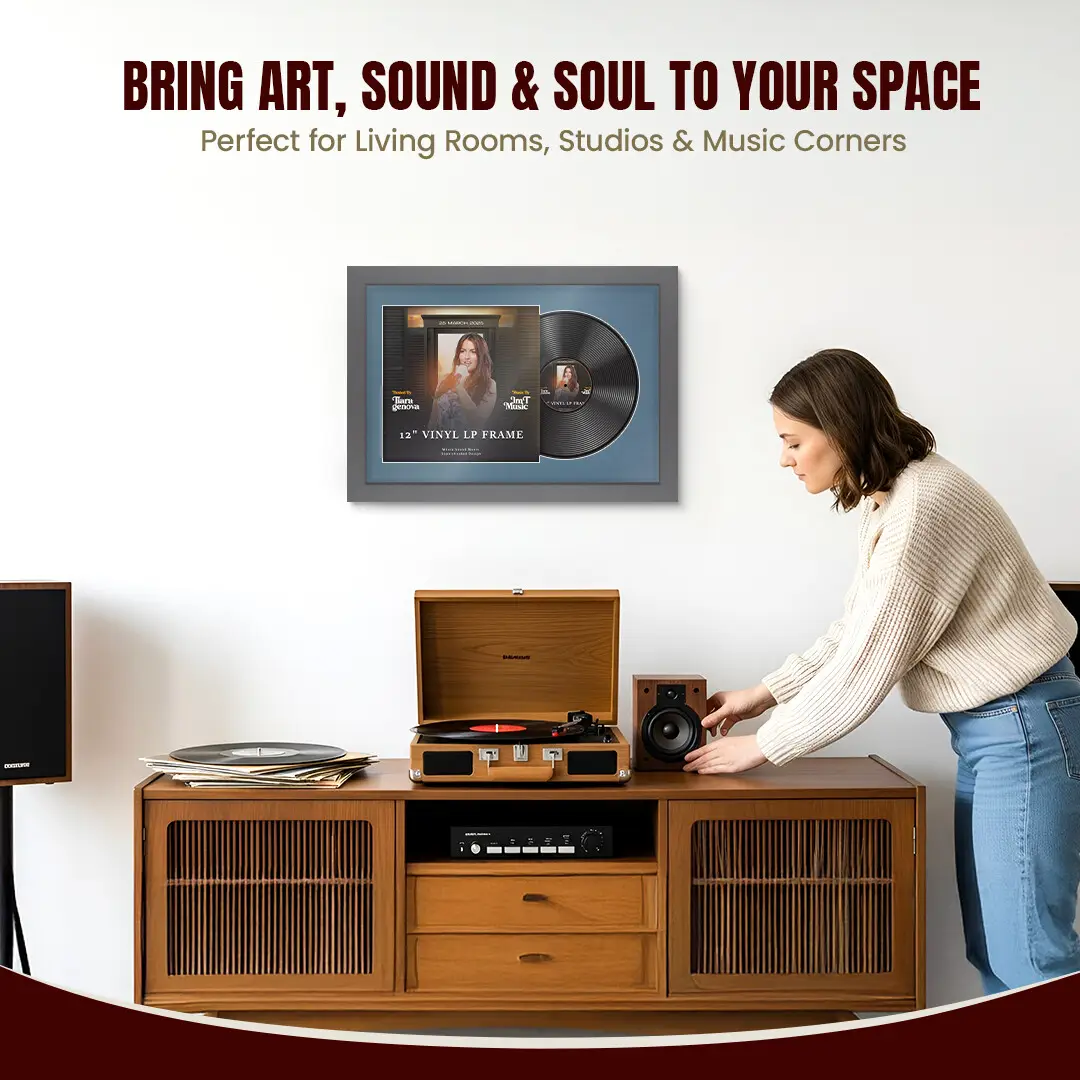 25x17" Modern Dark Grey Vinyl Record Frame For LP Cover & Disc With Pompador Mount | Overlapped Display thumbnail 6