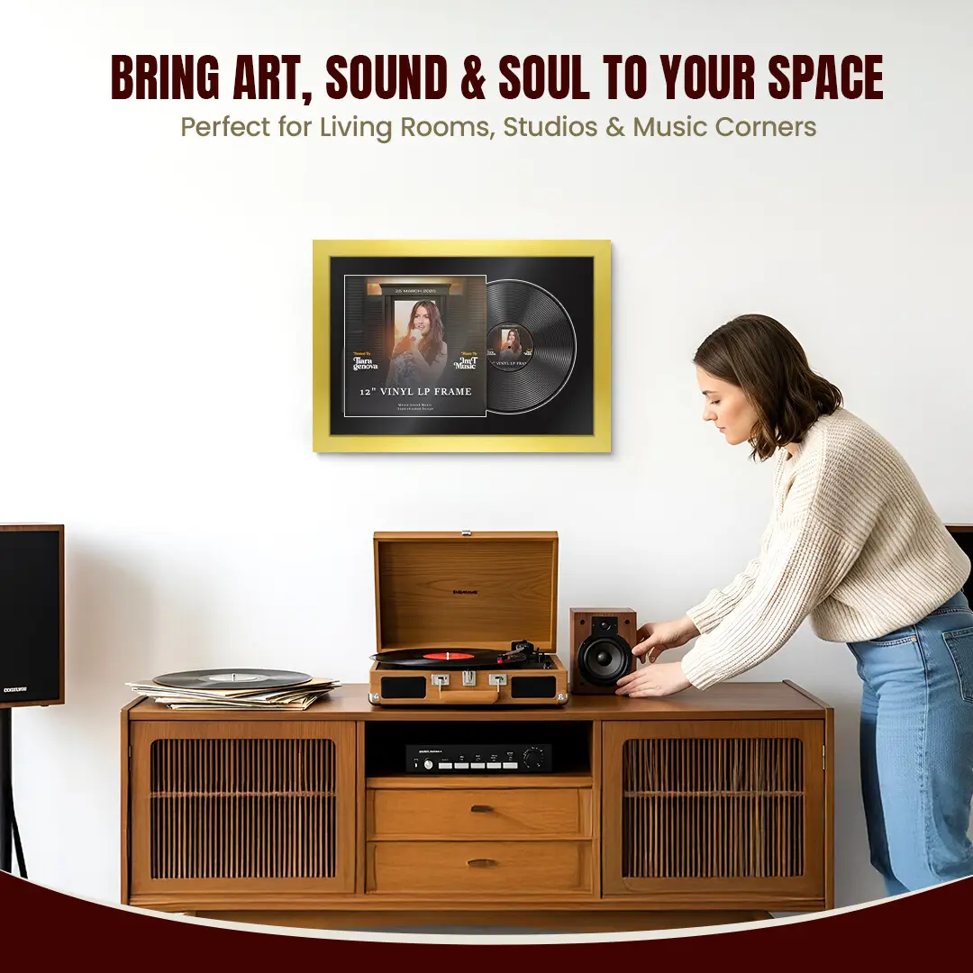 25x17" Modern Gold Vinyl Record Frame For 12 Inch LP Cover & Disc (Overlapped) With Black Mount | Elegant Music Display thumbnail 6
