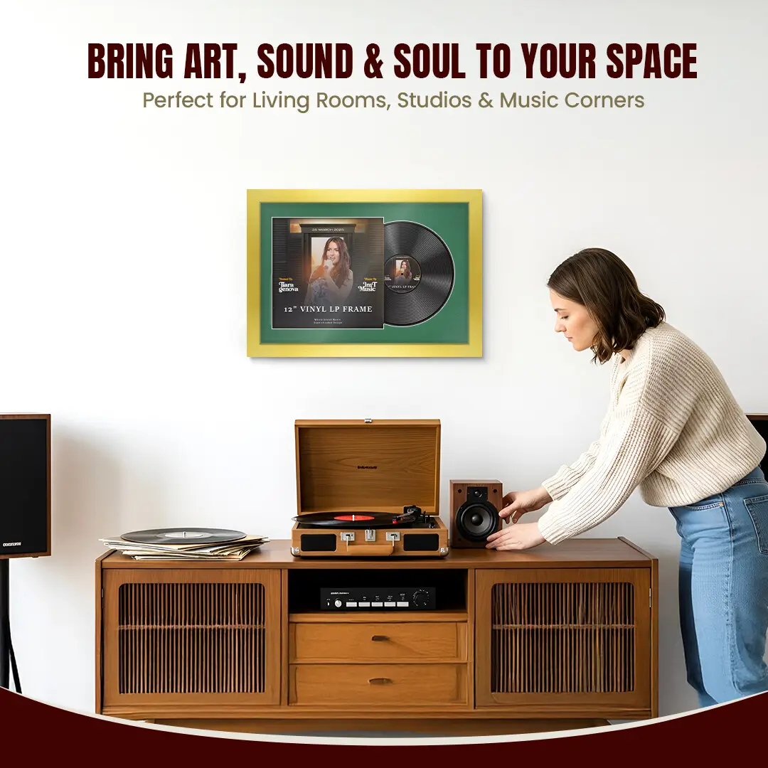 25x17" Modern Gold Vinyl Record Frame For 12 Inch LP Cover & Disc (Overlapped) With Emerald (Green) Mount | Elegant Music Display thumbnail 6