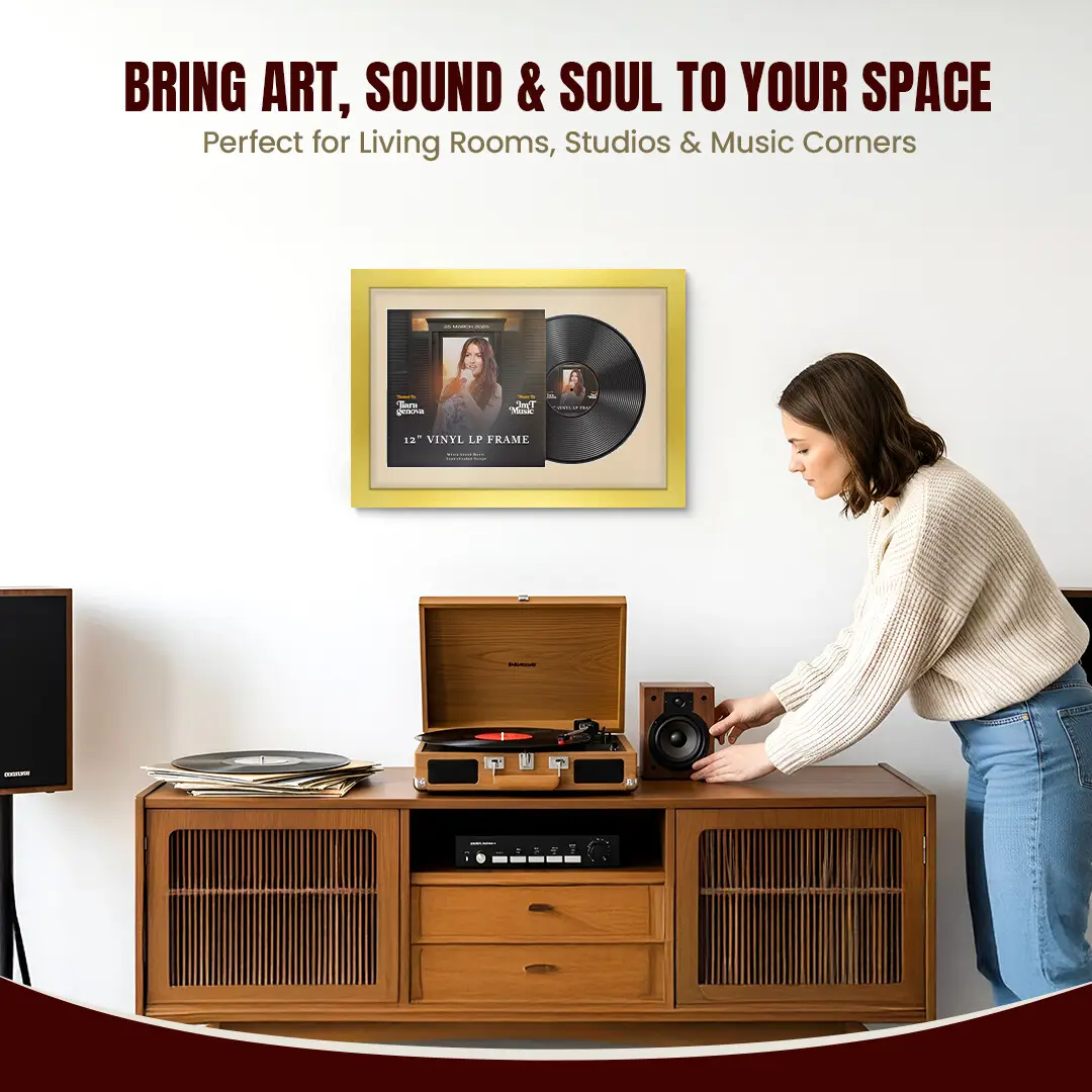 25x17" Modern Gold Vinyl Record Frame For LP Cover & Disc With Ivory Mount | Overlapped Display thumbnail 6