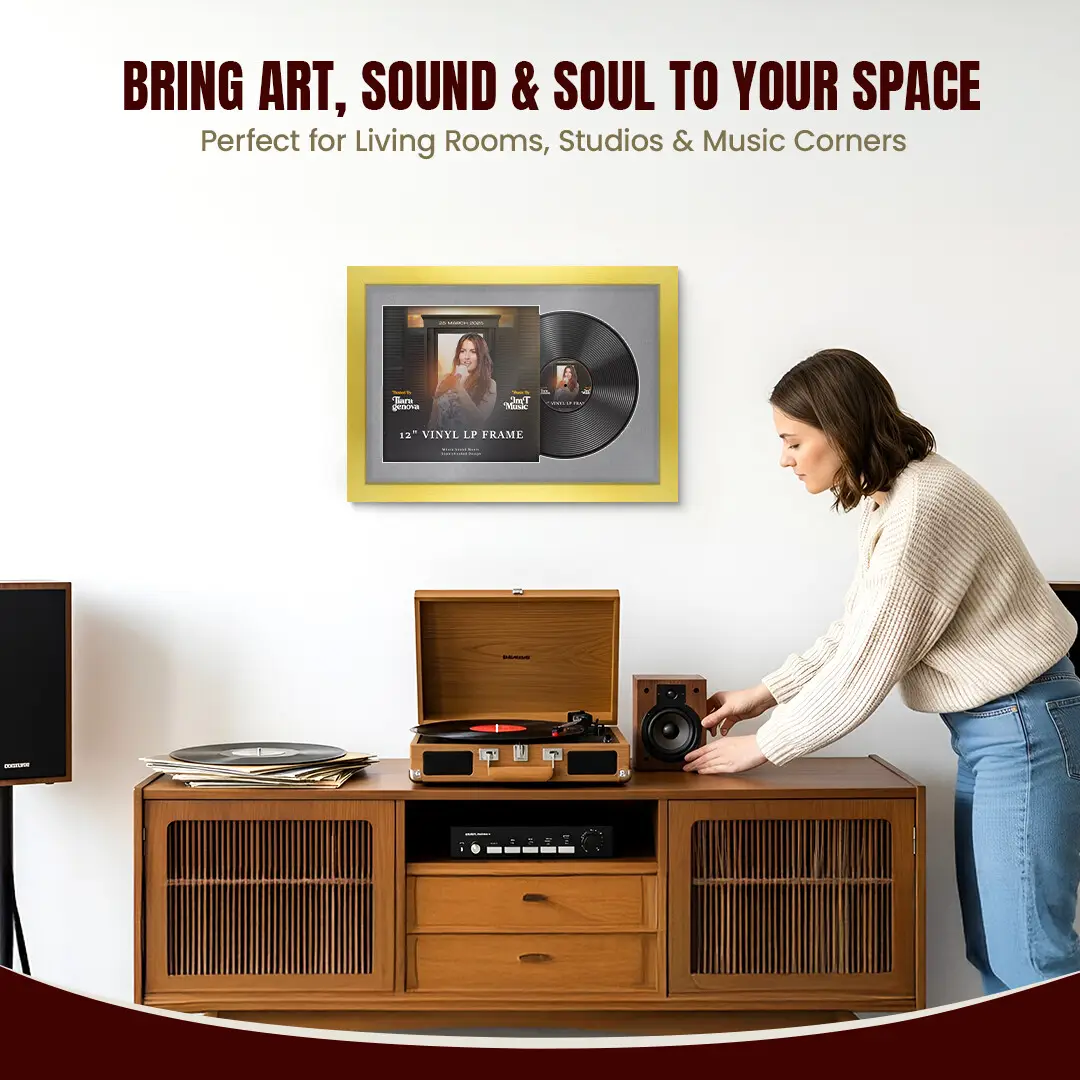 25x17" Modern Gold Vinyl Record Frame For 12 Inch LP Cover & Disc With Mid Grey Mount | Overlapped Vinyl Display thumbnail 6