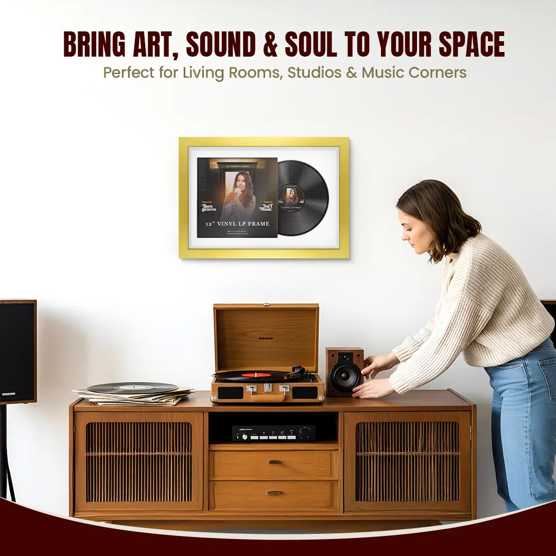 25x17" Modern Gold Vinyl Record Frame For 12 Inch LP Cover & Disc With Ice White Mount | Overlapped Vinyl Display thumbnail 6