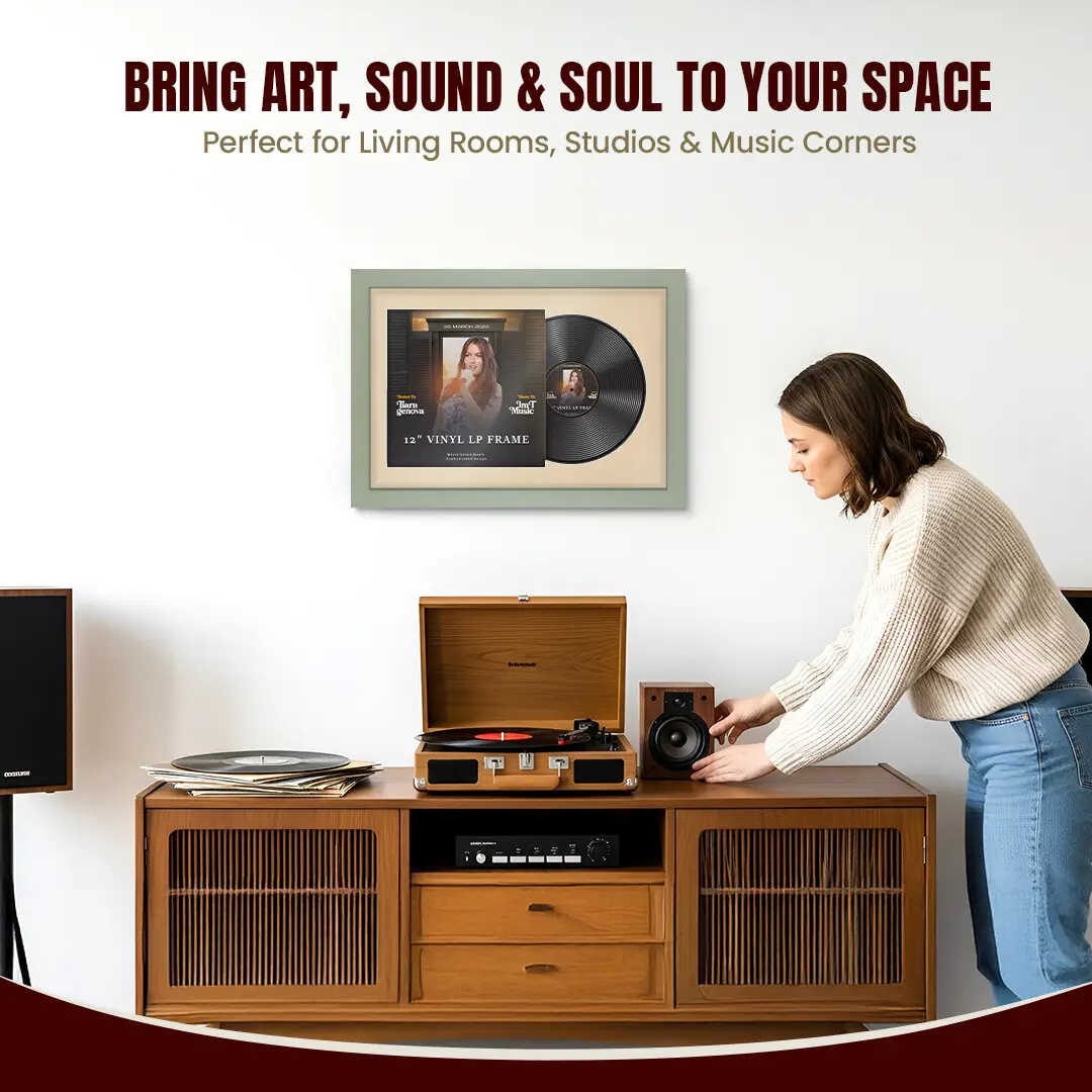 25x17" Modern Green Vinyl Record Frame For 12 Inch LP Cover & Disc (Overlapped) With Ivory Mount | Elegant Music Display thumbnail 6