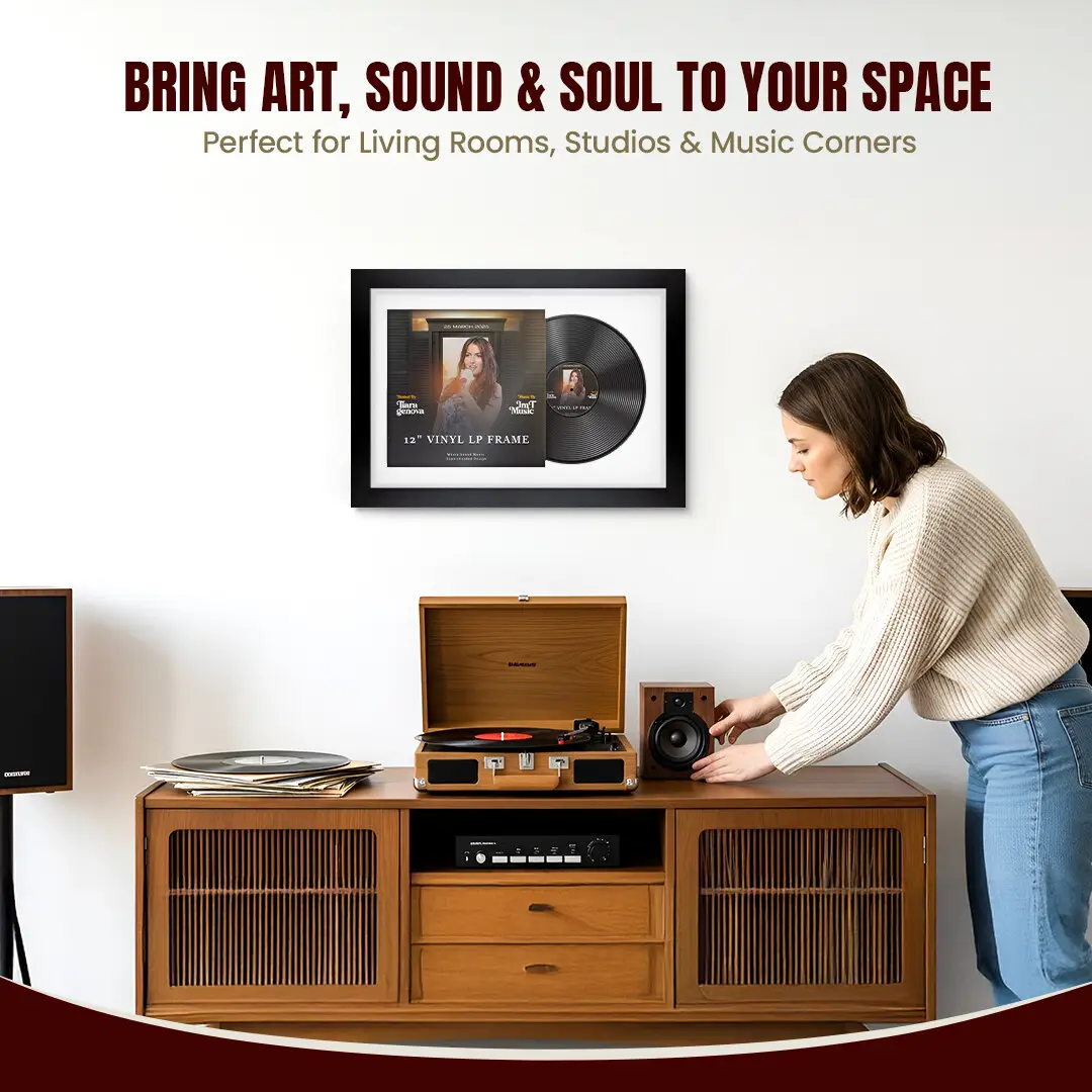 25x17" Modern Matte Black Vinyl Record Frame For 12 Inch LP Cover & Disc (Overlapped) With Ice White Mount | Elegant Music Display thumbnail 6